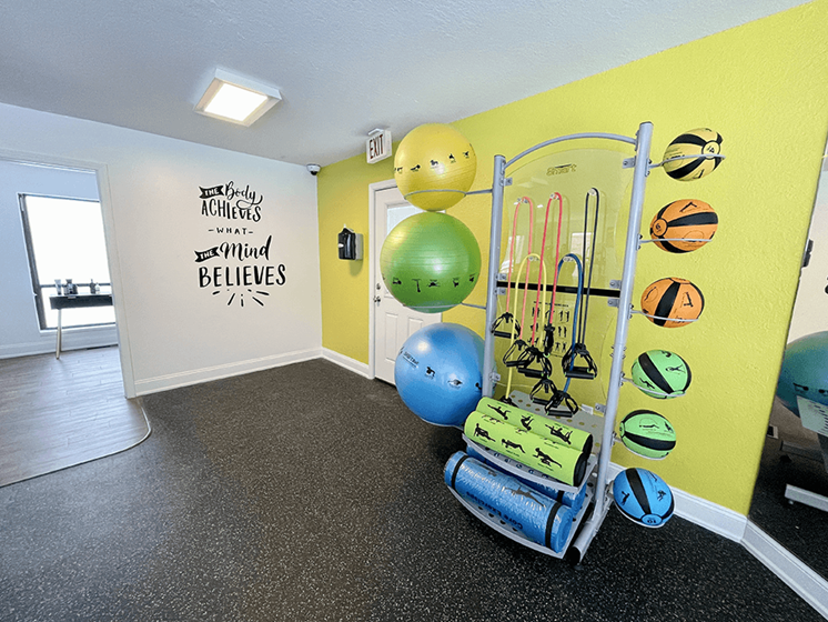 Eastland Apartments fitness studio with yoga balls